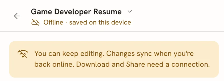 The save status reading Offline, saved on this device, above a notice that says you can keep editing and that Download and Share need a connection