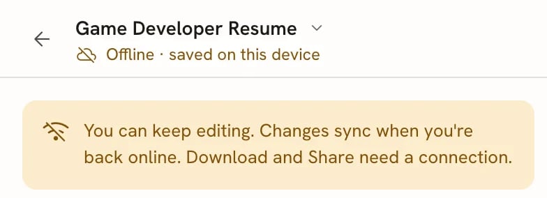 The save status reading Offline, saved on this device, above a notice that says you can keep editing and that Download and Share need a connection