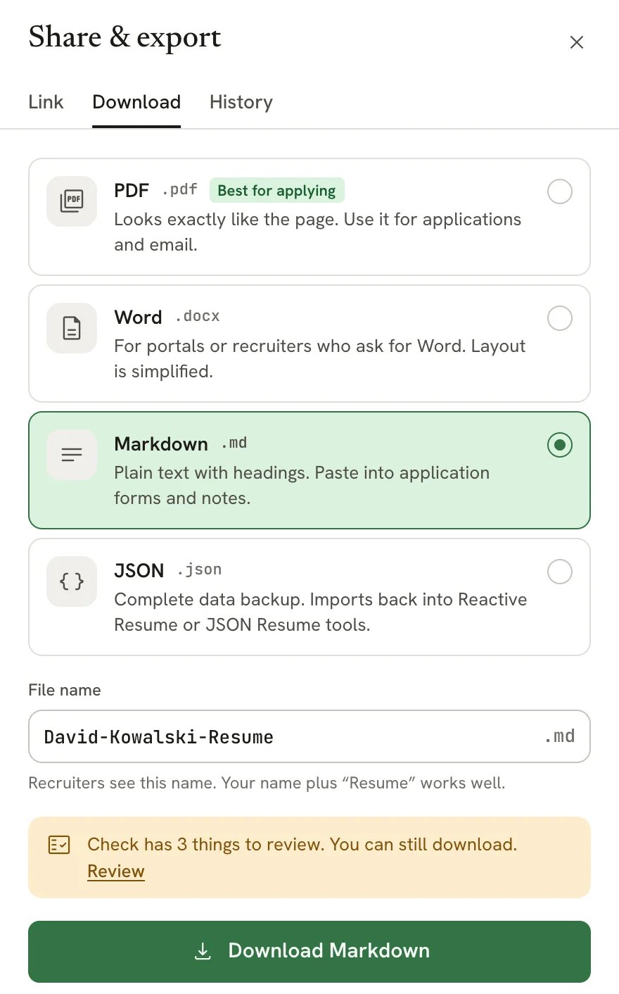 Download tab of the Share and export sheet with Markdown selected, the file name David-Kowalski-Resume.md and a Download Markdown button