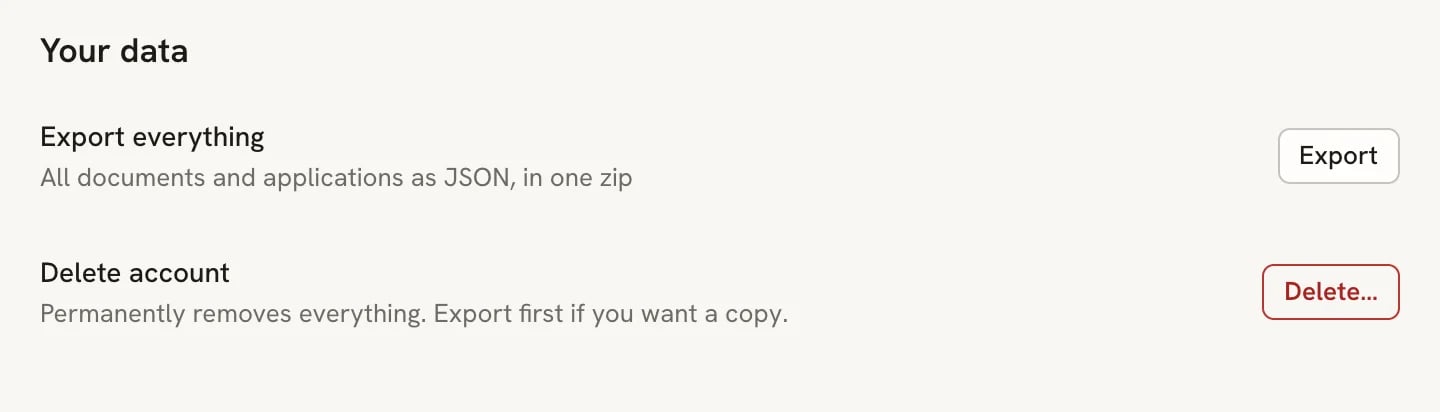 The Your data section with an Export everything row and Export button, and a Delete account row with a Delete button
