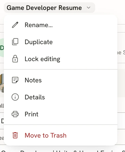 Document menu under the name Game Developer Resume, with Rename, Duplicate, Lock editing, Notes, Details, Print and Move to Trash