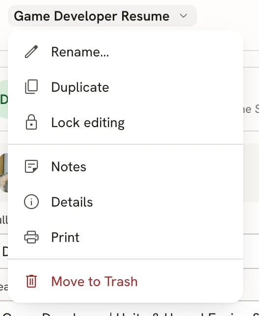 Document menu under the name Game Developer Resume, with Rename, Duplicate, Lock editing, Notes, Details, Print and Move to Trash