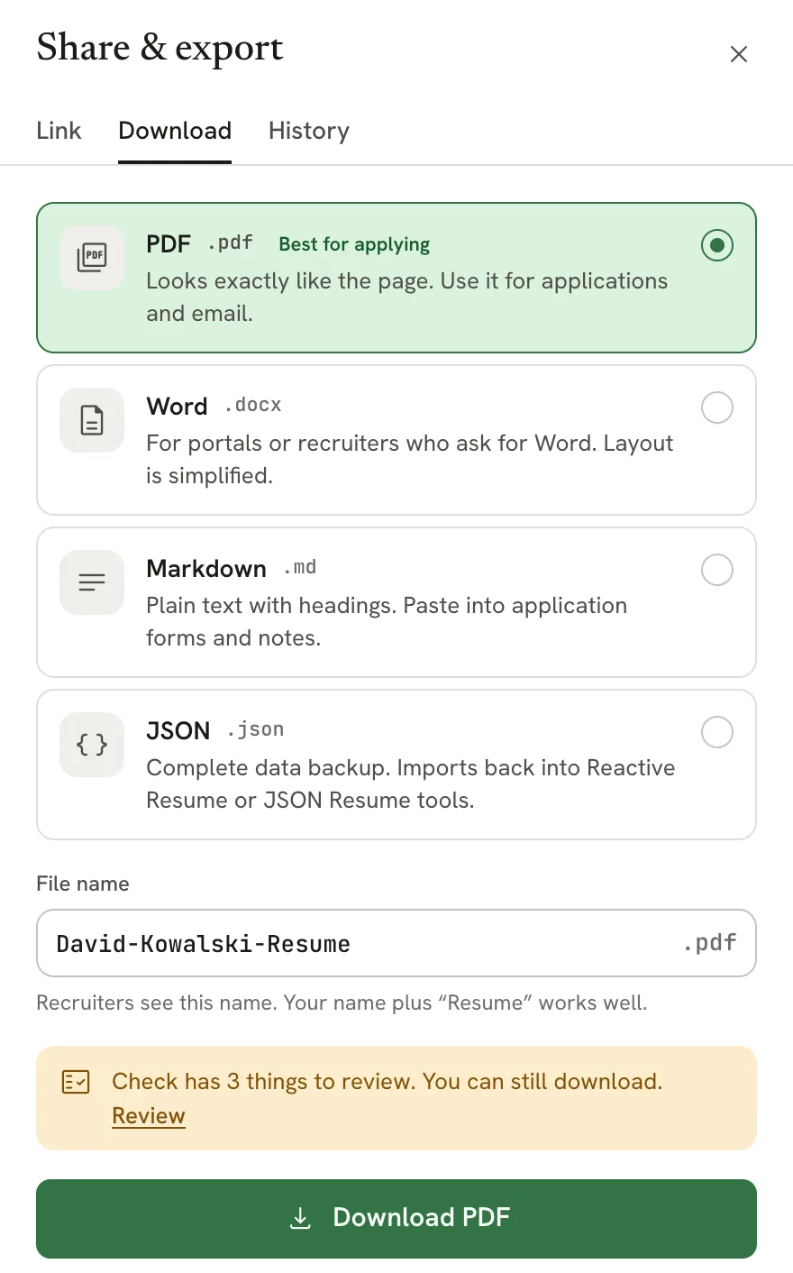 Download tab listing PDF (marked Best for applying), Word, Markdown and JSON, a File name field with David-Kowalski-Resume, a note that Check has 3 things to review, and a Download PDF button