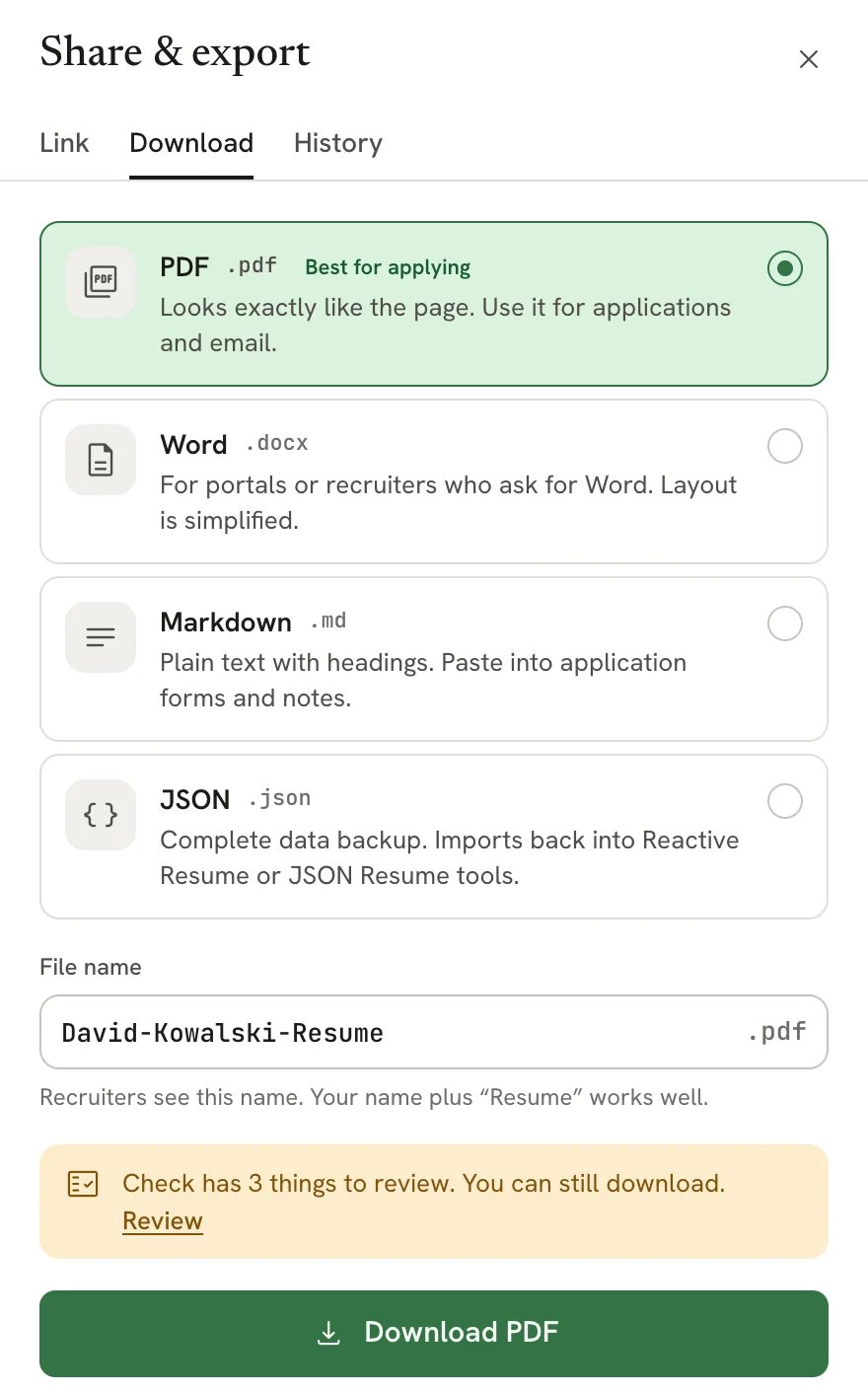 Download tab listing PDF (marked Best for applying), Word, Markdown and JSON, a File name field with David-Kowalski-Resume, a note that Check has 3 things to review, and a Download PDF button