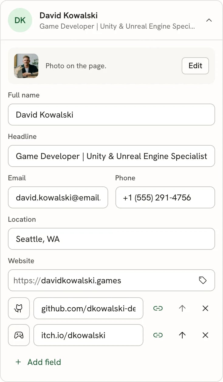 The Basics card showing the photo row, Full name, Headline, Email, Phone, Location and Website fields, two extra fields with icons, and the Add field button