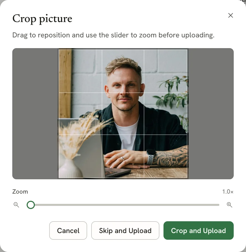 The Crop picture dialog with the photo inside a square crop frame, a Zoom slider, and Cancel, Skip and Upload, and Crop and Upload buttons