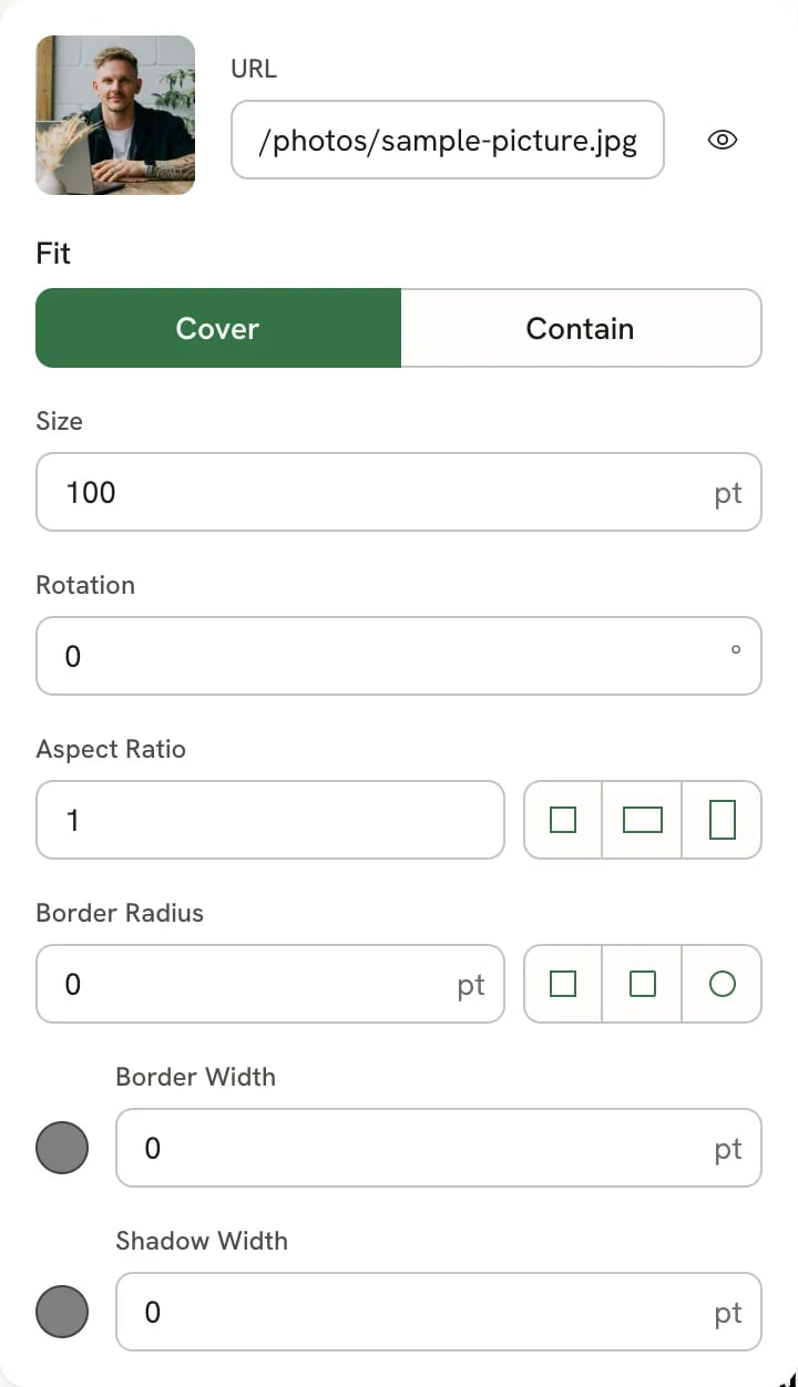 The photo settings popover with the photo preview, URL field, visibility toggle, Fit, Size, Rotation, Aspect Ratio, Border Radius, Border Width and Shadow Width controls