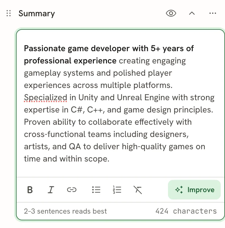 The Summary section open, with the summary text, the formatting toolbar with an Improve button, and a footer reading 2–3 sentences reads best and 424 characters