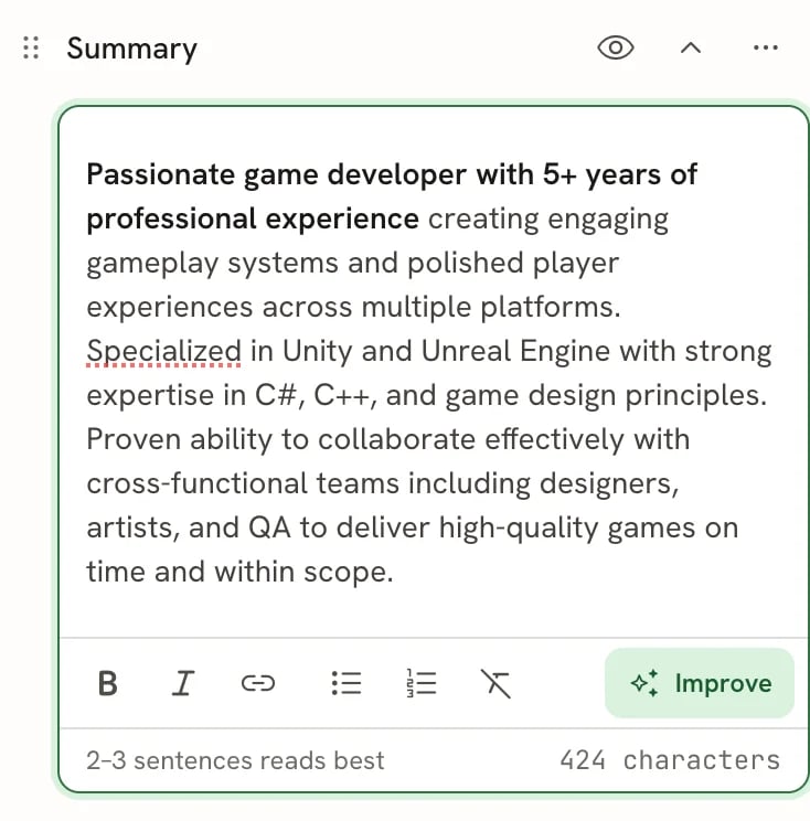 The Summary section open, with the summary text, the formatting toolbar with an Improve button, and a footer reading 2–3 sentences reads best and 424 characters