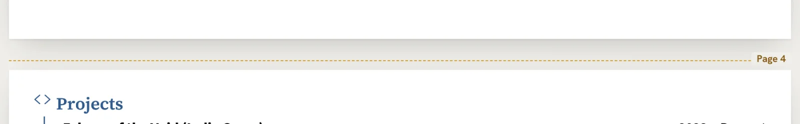 The bottom of page 3 and the top of an extra page 4, separated by a dashed amber line labelled Page 4, with the Projects section at the top of page 4