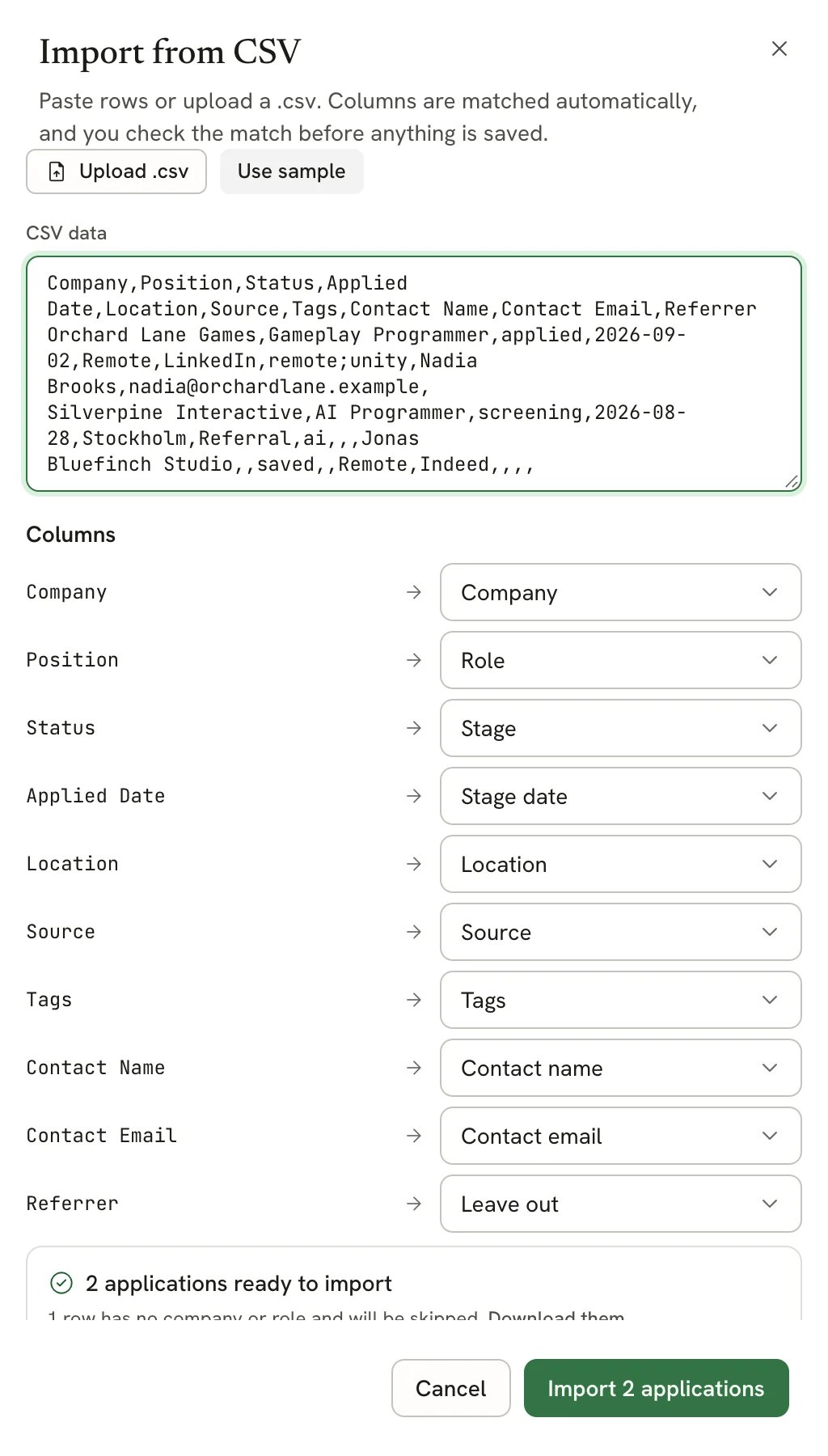 Import from CSV sheet with pasted rows, and a Columns list matching Company to Company, Position to Role, Status to Stage, Applied Date to Stage date, Location, Source, Tags, Contact Name and Contact Email to their fields, and Referrer to Leave out