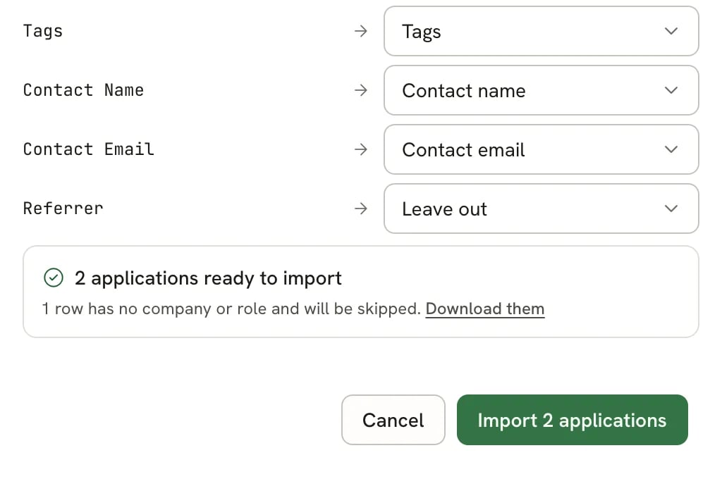 Summary reading 2 applications ready to import and 1 row has no company or role and will be skipped, with a Download them link and an Import 2 applications button