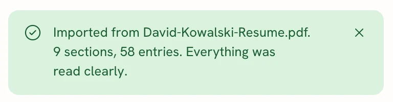 A green note reading Imported from David-Kowalski-Resume.pdf. 9 sections, 58 entries. Everything was read clearly