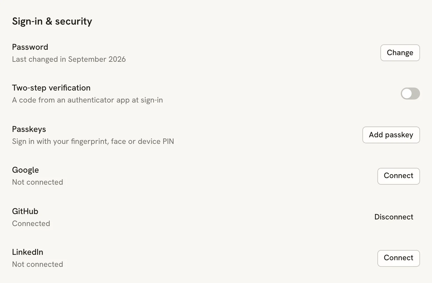 The Sign-in and security section with Password, Two-step verification and Passkeys rows, followed by Google marked Not connected with a Connect button, GitHub marked Connected with a Disconnect button, and LinkedIn marked Not connected with a Connect button