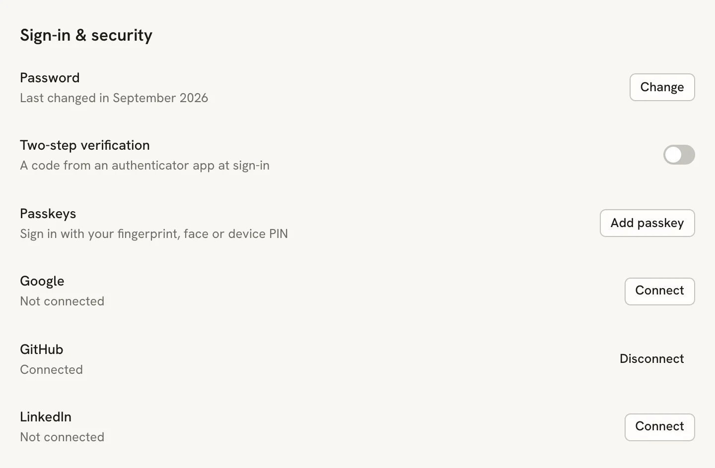 The Sign-in and security section with Password, Two-step verification and Passkeys rows, followed by Google marked Not connected with a Connect button, GitHub marked Connected with a Disconnect button, and LinkedIn marked Not connected with a Connect button