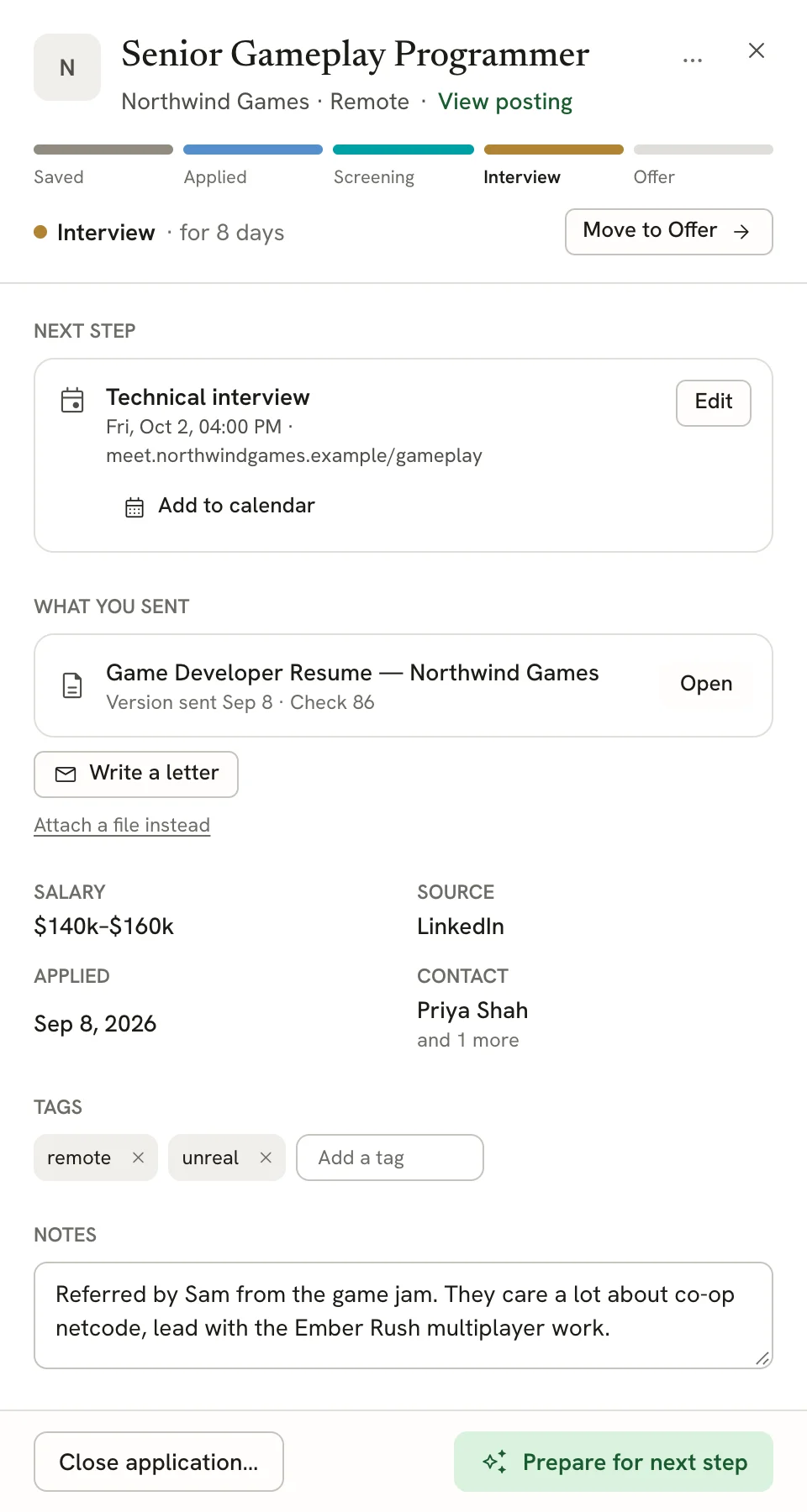 Details sheet for Senior Gameplay Programmer at Northwind Games, showing the stage stepper, Next step, What you sent, salary, source, applied date, contact, tags, notes, and the Close application… and Prepare for next step buttons
