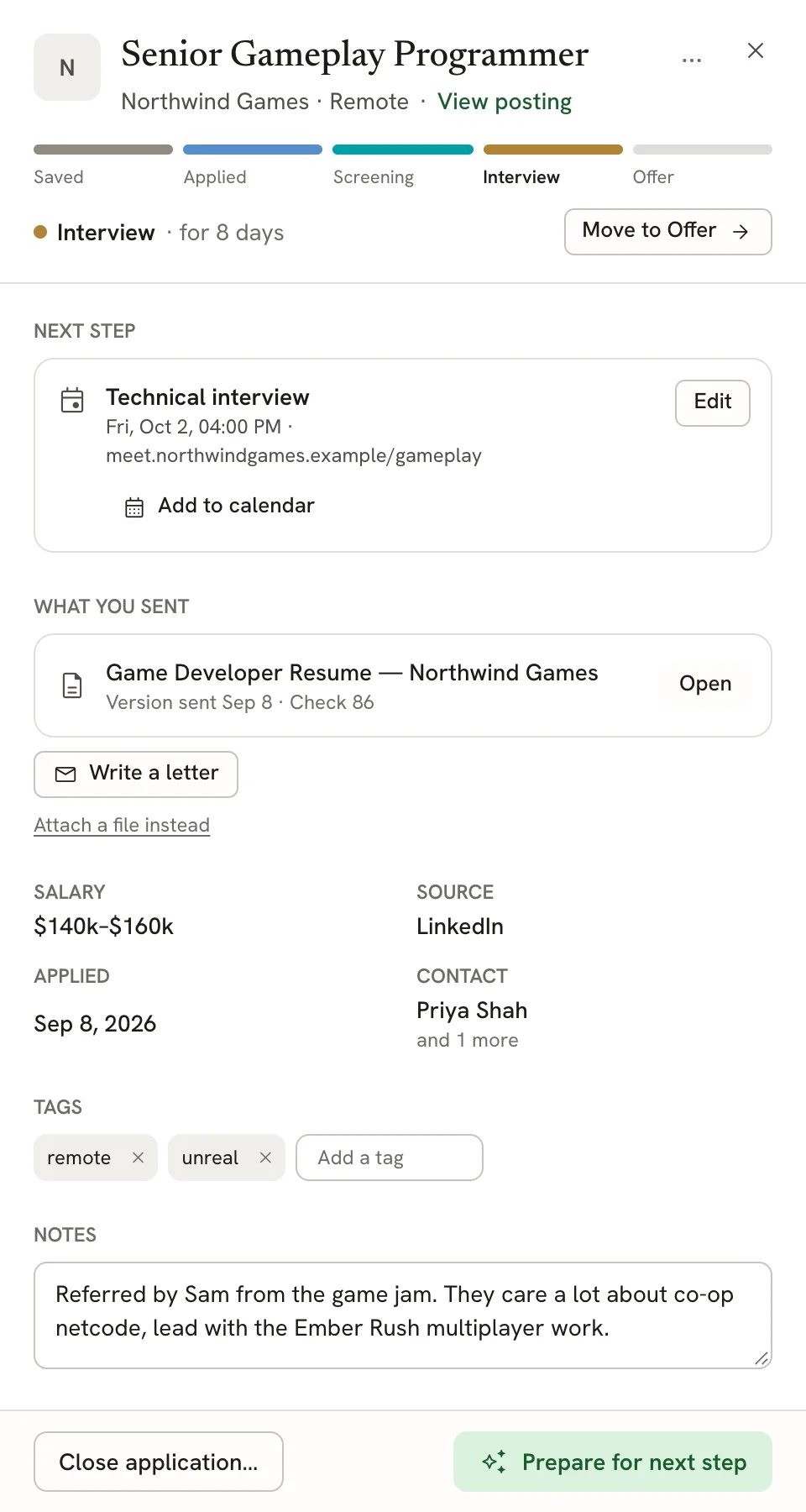 Details sheet for Senior Gameplay Programmer at Northwind Games, showing the stage stepper, Next step, What you sent, salary, source, applied date, contact, tags, notes, and the Close application… and Prepare for next step buttons
