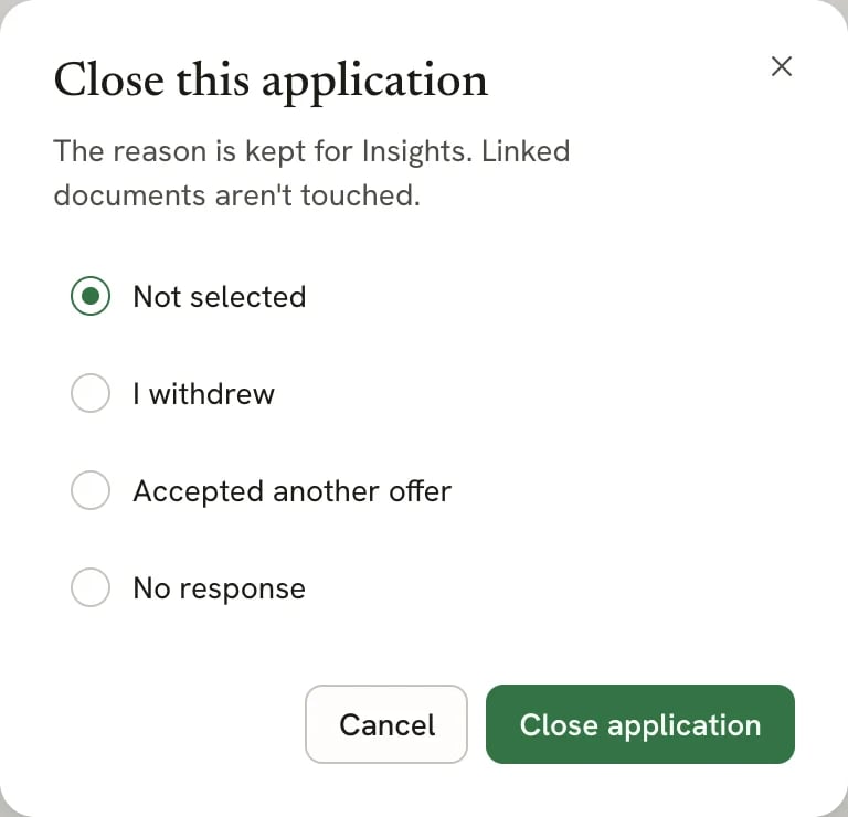 Close this application dialog with the reasons Not selected, I withdrew, Accepted another offer and No response, and Cancel and Close application buttons