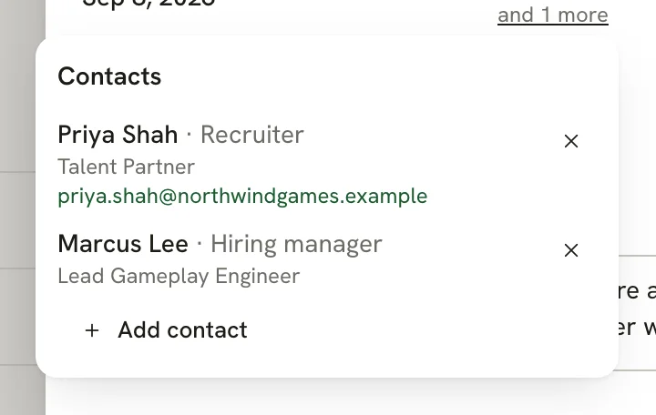 Contacts popover listing Priya Shah, Recruiter, Talent Partner with an email link, and Marcus Lee, Hiring manager, Lead Gameplay Engineer, with an Add contact button