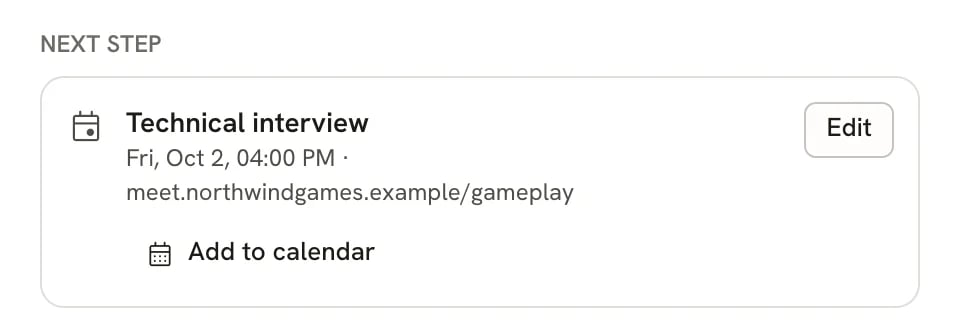 Next step card showing a Technical interview on Fri, Oct 2 at 4:00 PM with a video link, an Edit button and Add to calendar