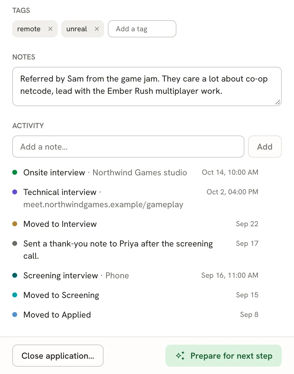 Tags, Notes and Activity sections of the details sheet, with an Add a note field and a history of interviews, stage changes and a note, above the Close application… and Prepare for next step buttons