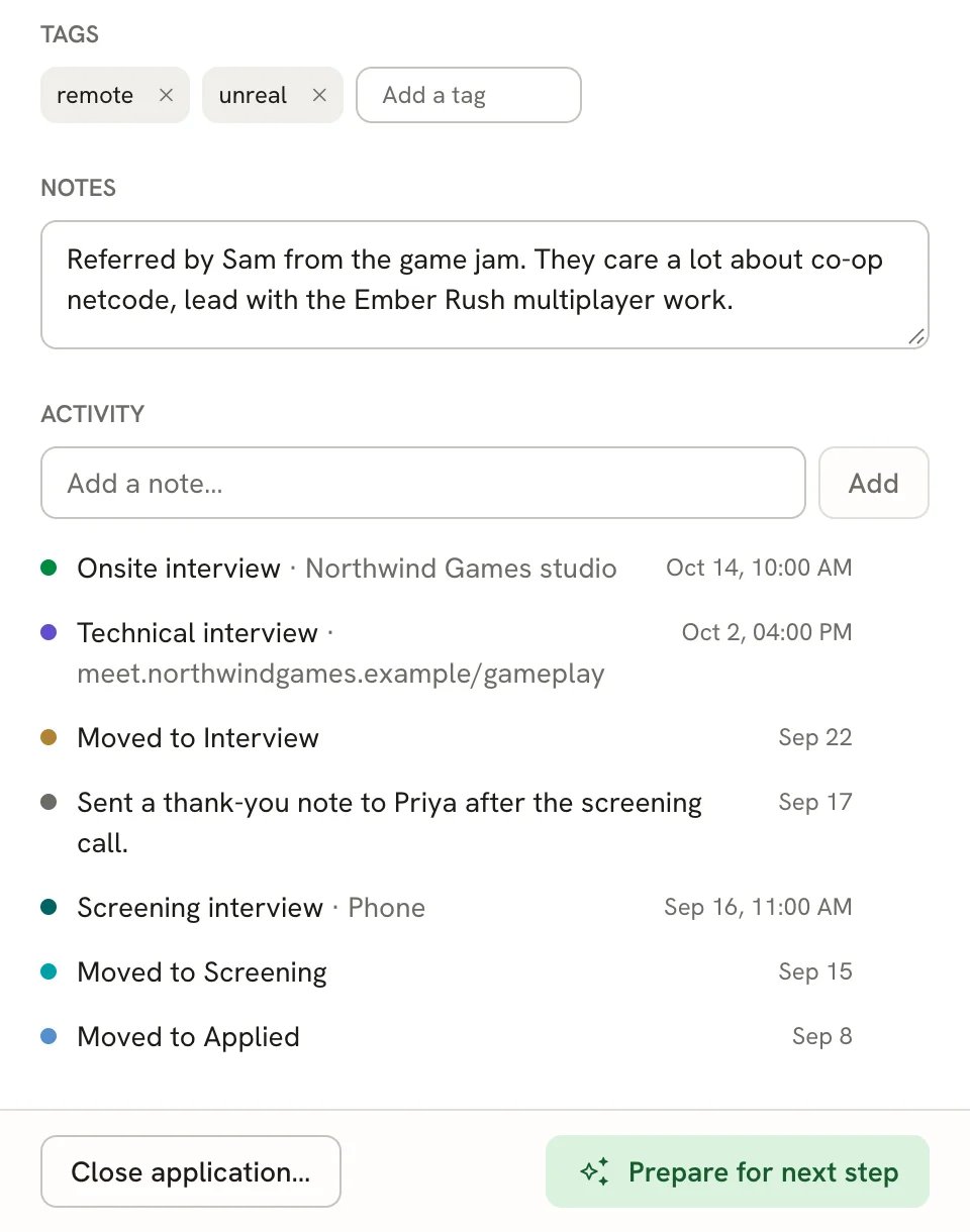 Tags, Notes and Activity sections of the details sheet, with an Add a note field and a history of interviews, stage changes and a note, above the Close application… and Prepare for next step buttons
