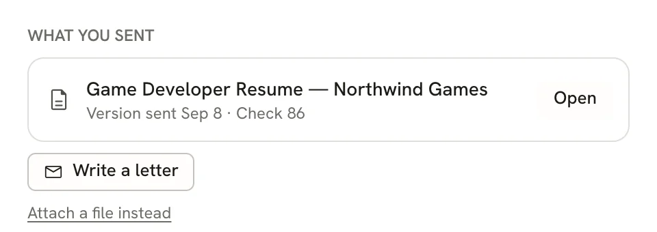 What you sent section with Game Developer Resume — Northwind Games, Version sent Sep 8 · Check 86, an Open button, a Write a letter button and the Attach a file instead link