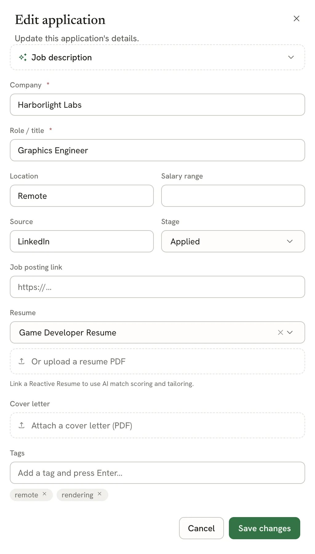 Edit application sheet with a Job description section, Company, Role / title, Location, Salary range, Source, Stage, Job posting link, Resume with Game Developer Resume linked, Cover letter and Tags fields