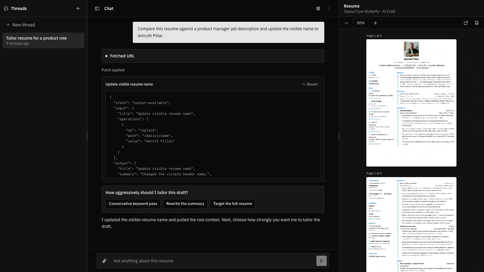 AI Agent chat showing an applied patch with raw JSON details