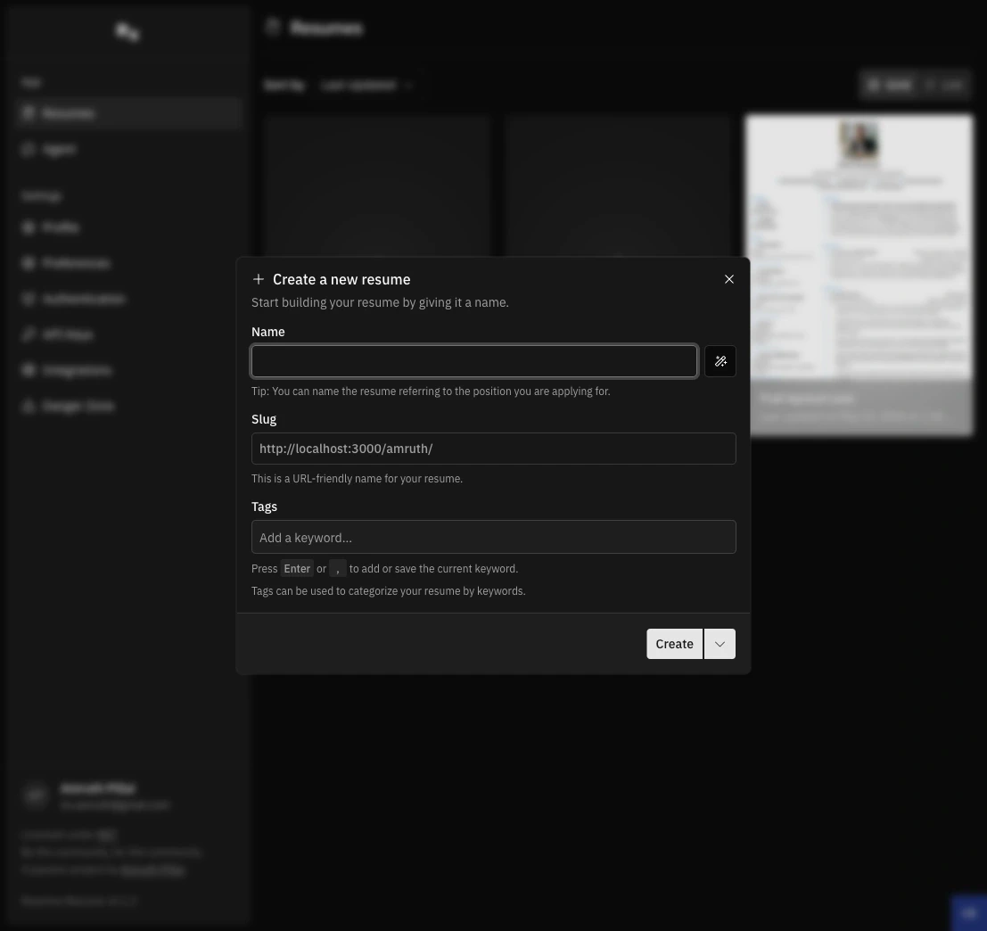 Create a new resume dialog with name, slug, and tags fields