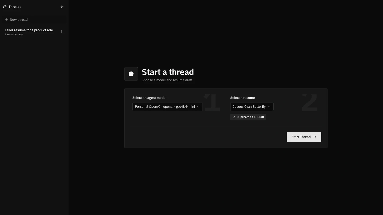 AI Agent new thread setup with model and resume selectors