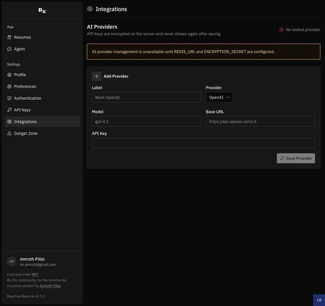Integrations settings showing AI provider configuration