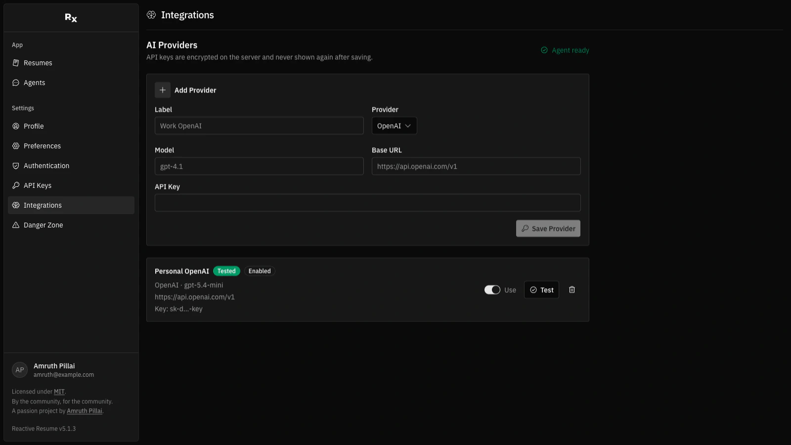 Integrations settings showing a saved and tested AI provider