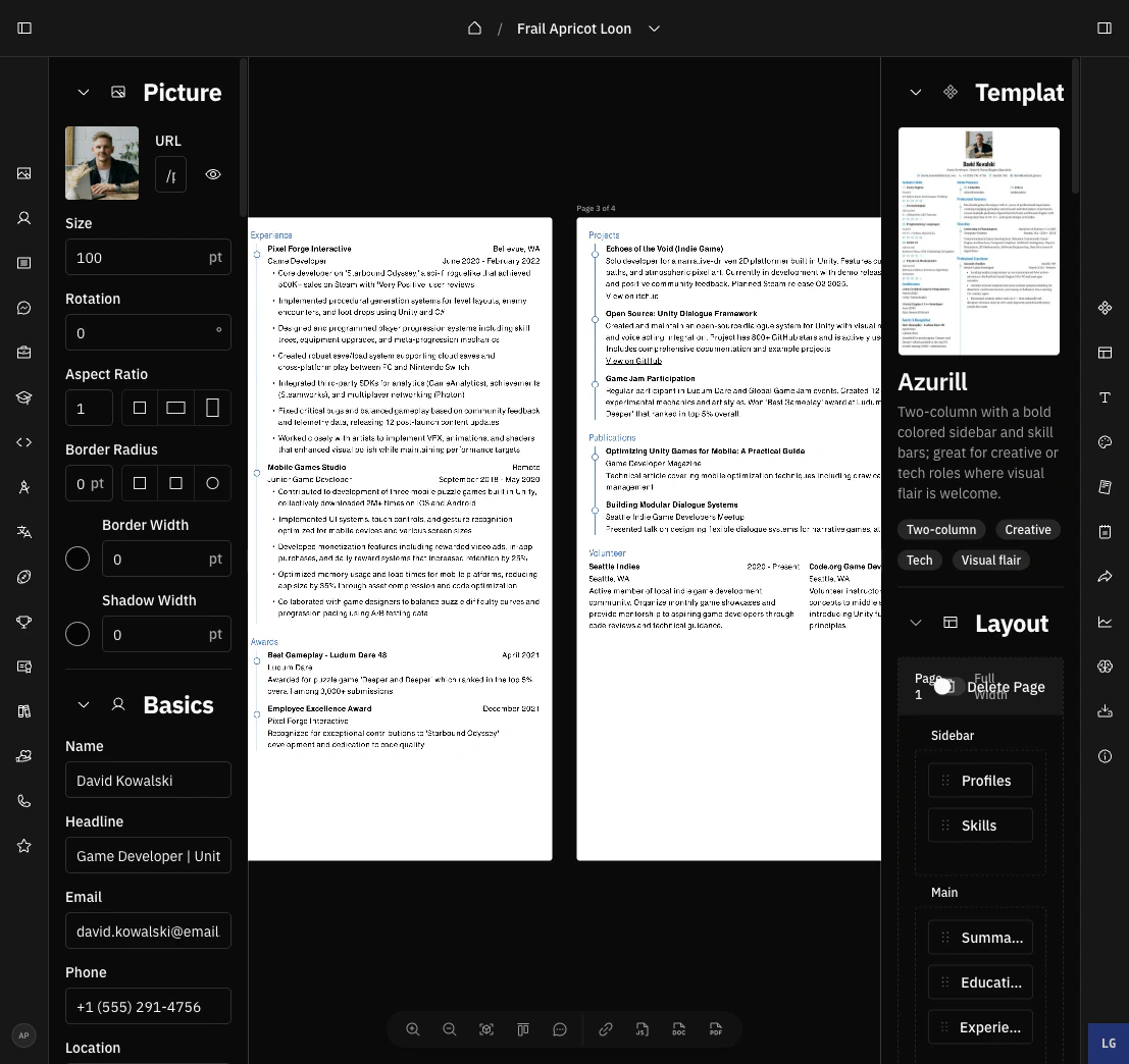 Resume builder showing the floating dock with preview controls and download shortcuts