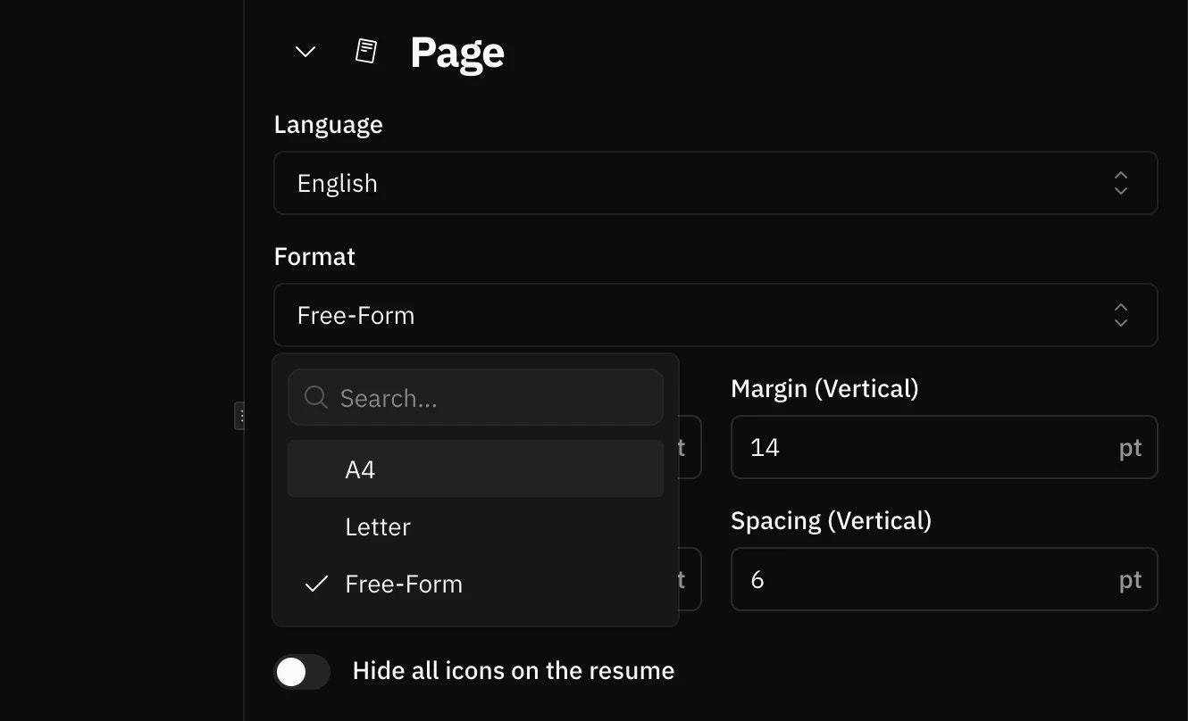 Screenshot of the Format dropdown in the Page section