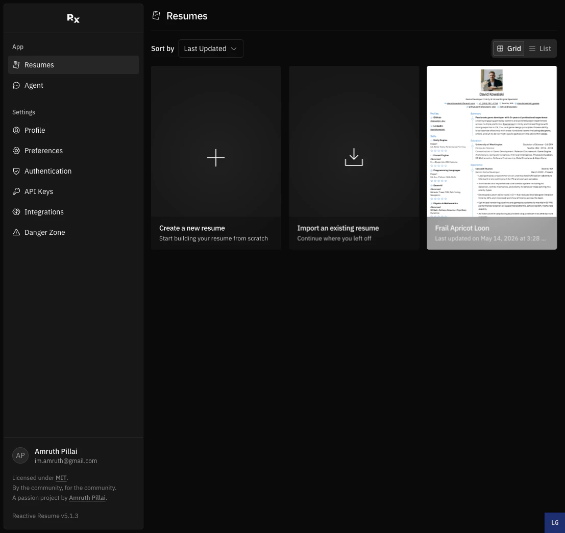 Resumes dashboard showing sort controls, grid view, create and import cards, and a sample resume