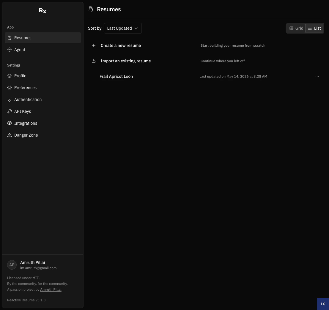 Resumes dashboard showing the same resume in list view