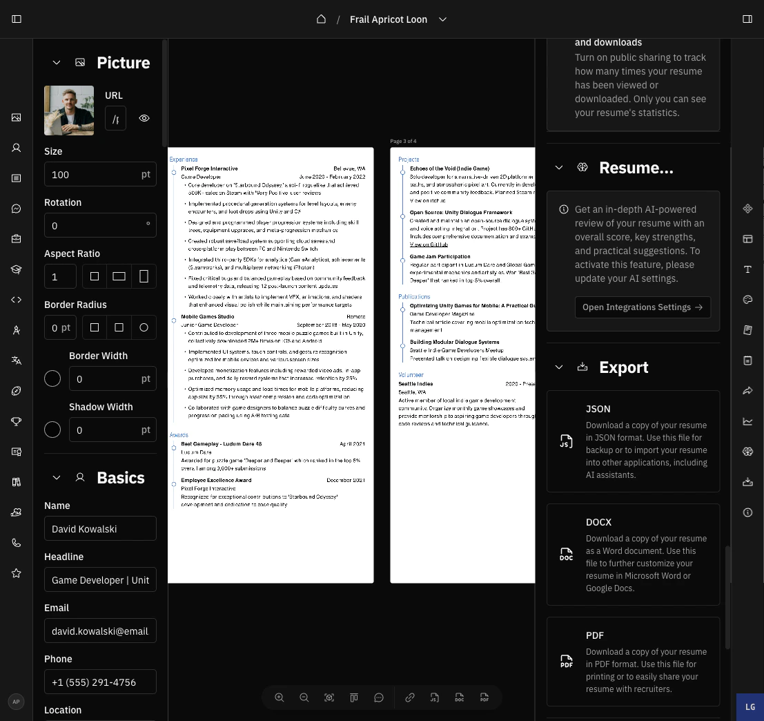 Resume Analysis section showing the AI setup prompt in the builder sidebar