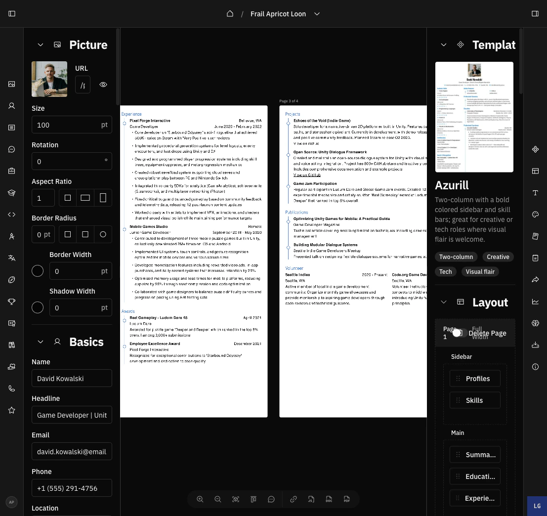 Resume builder showing the floating dock with preview controls and download shortcuts