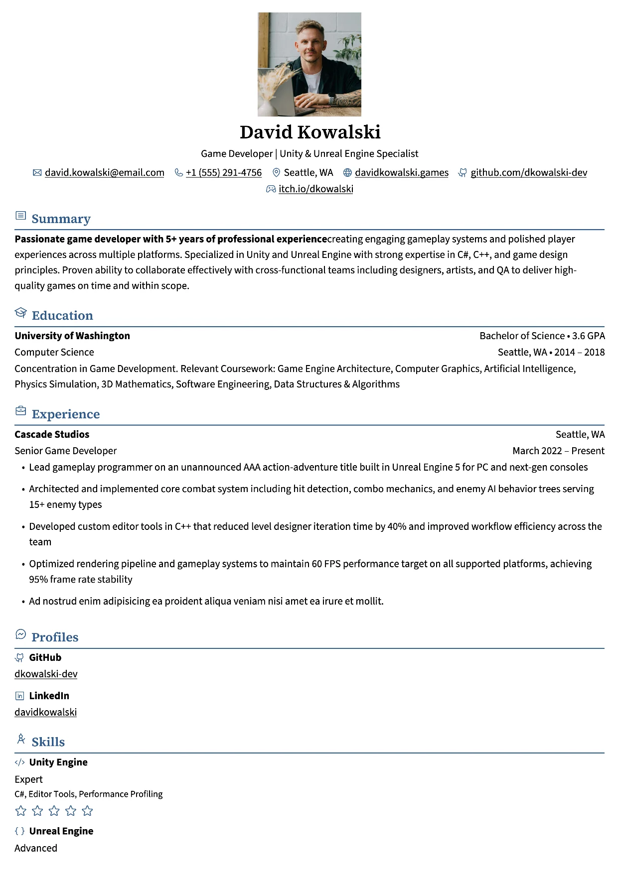 First page of a resume in the Kakuna template: centred header, one column