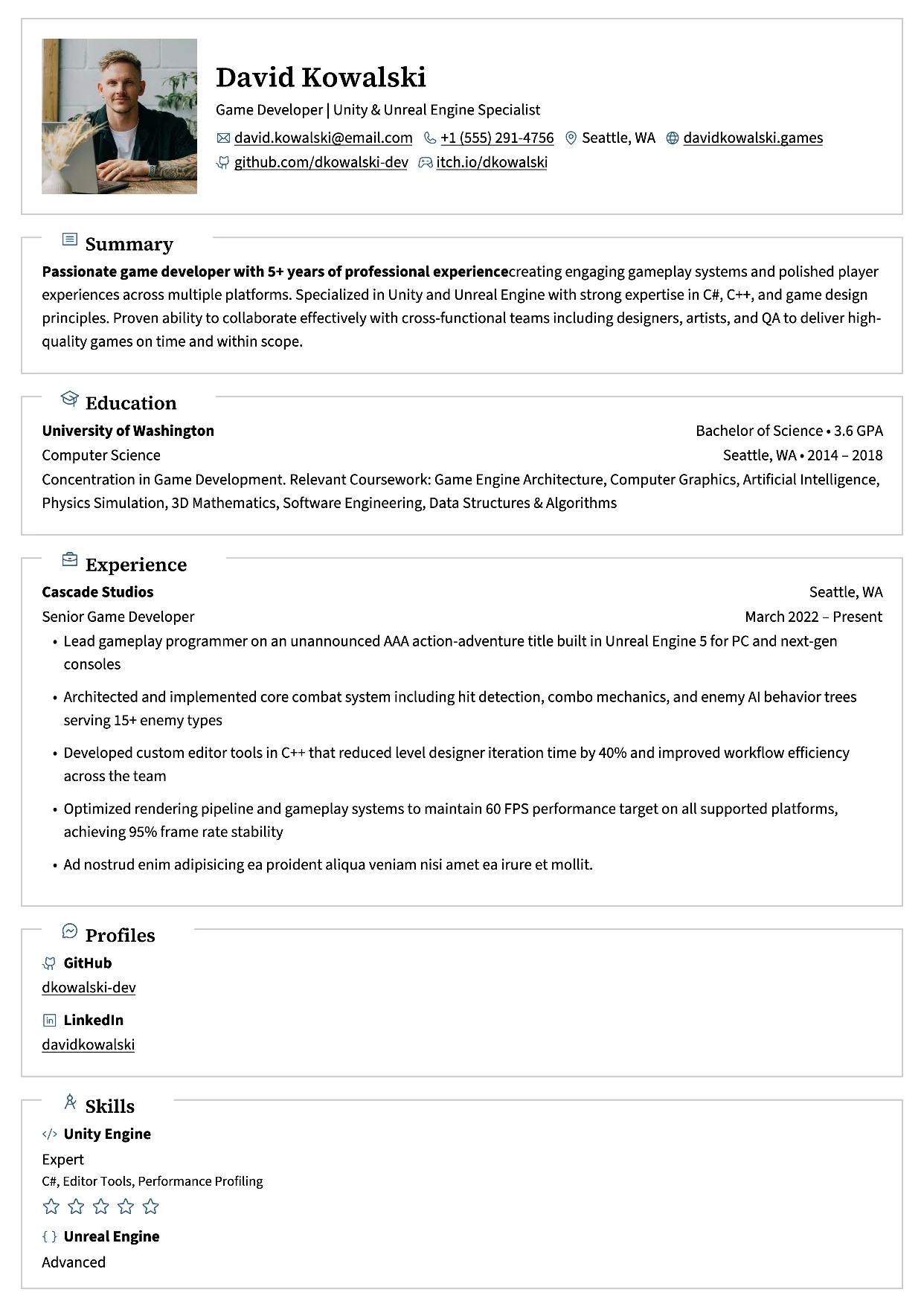 First page of a resume in the Lapras template: one column with sections in outlined boxes