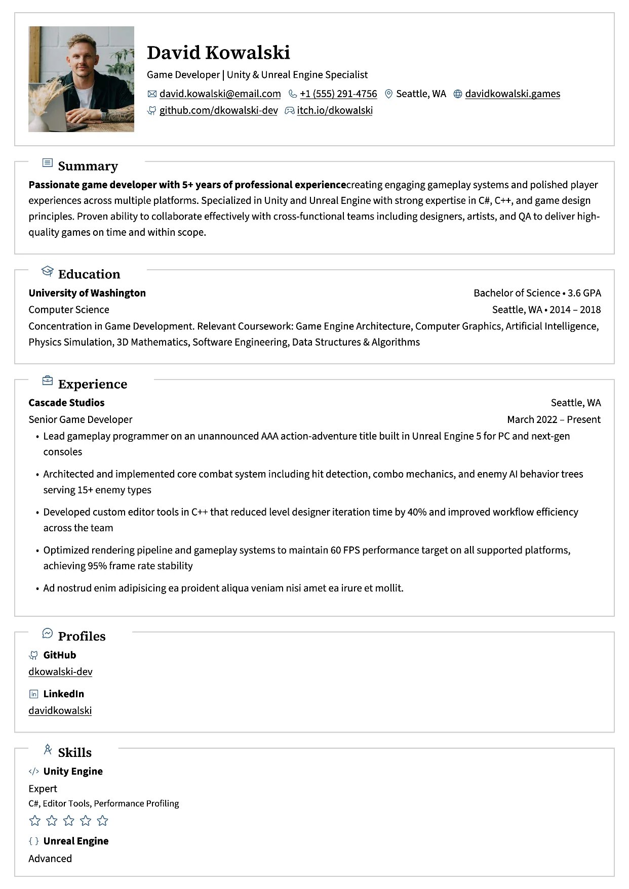 First page of a resume in the Lapras template: one column with sections in outlined boxes