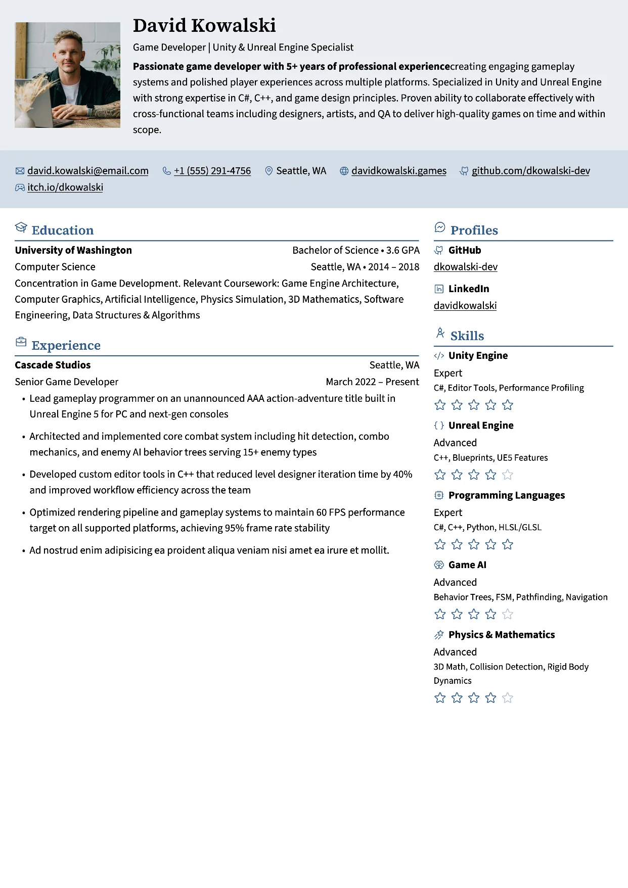 First page of a resume in the Leafish template: tinted header across the page, sidebar on the right
