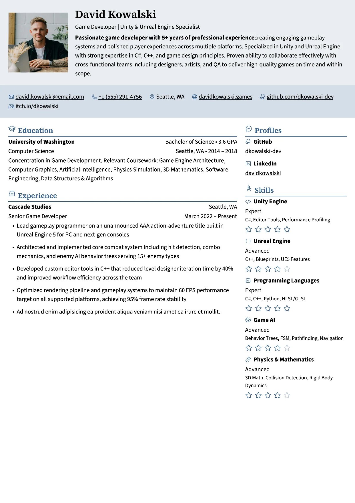 First page of a resume in the Leafish template: tinted header across the page, sidebar on the right