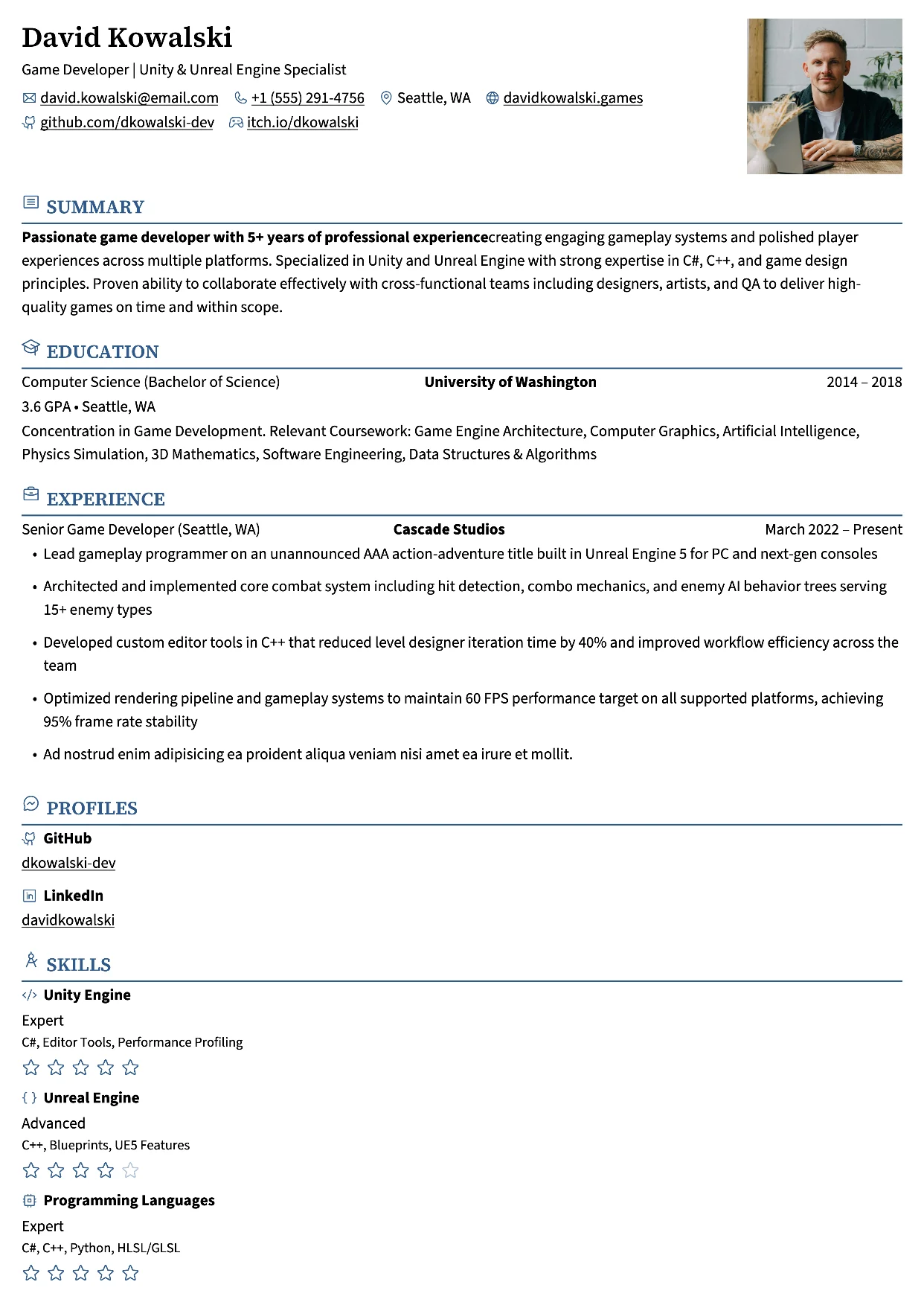 First page of a resume in the Meowth template: one column with position, organization and period on one line