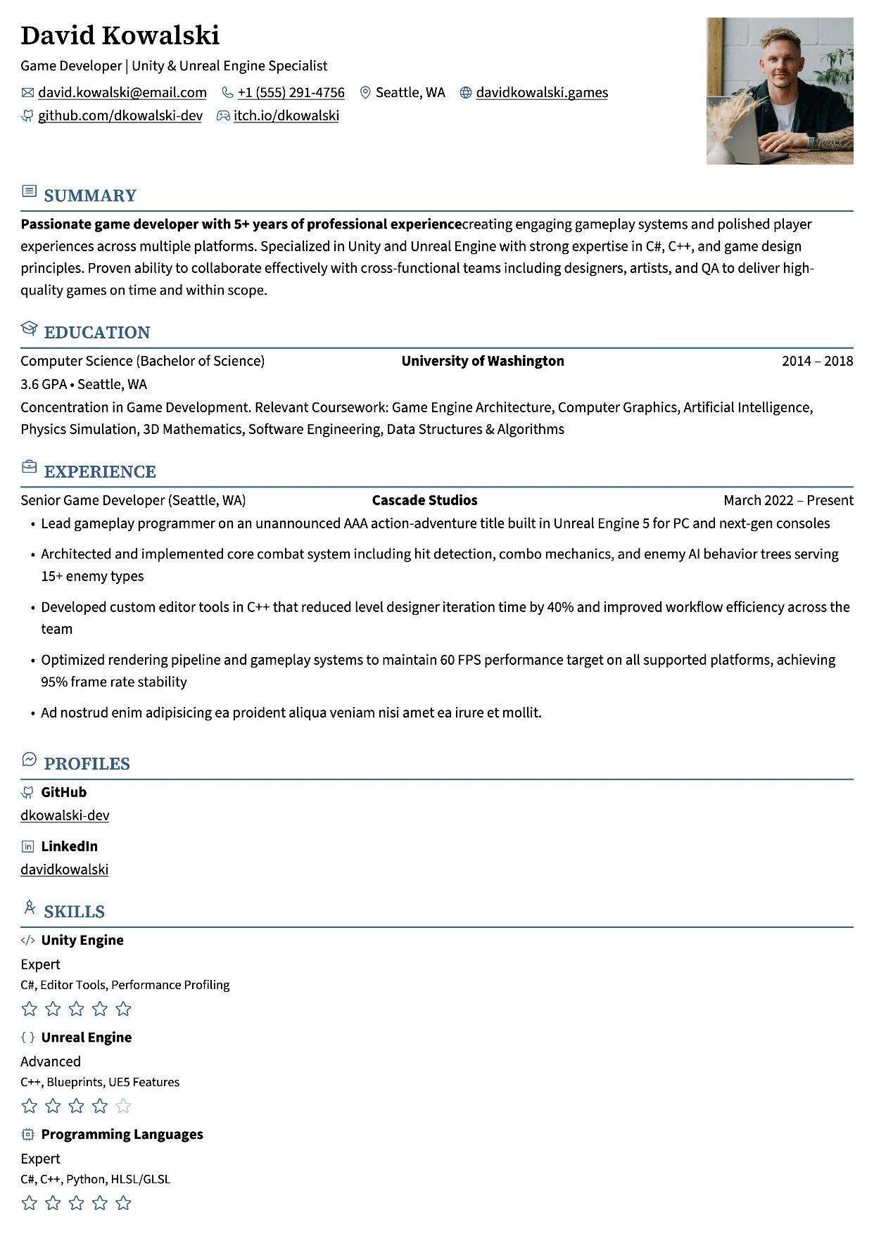 First page of a resume in the Meowth template: one column with position, organization and period on one line