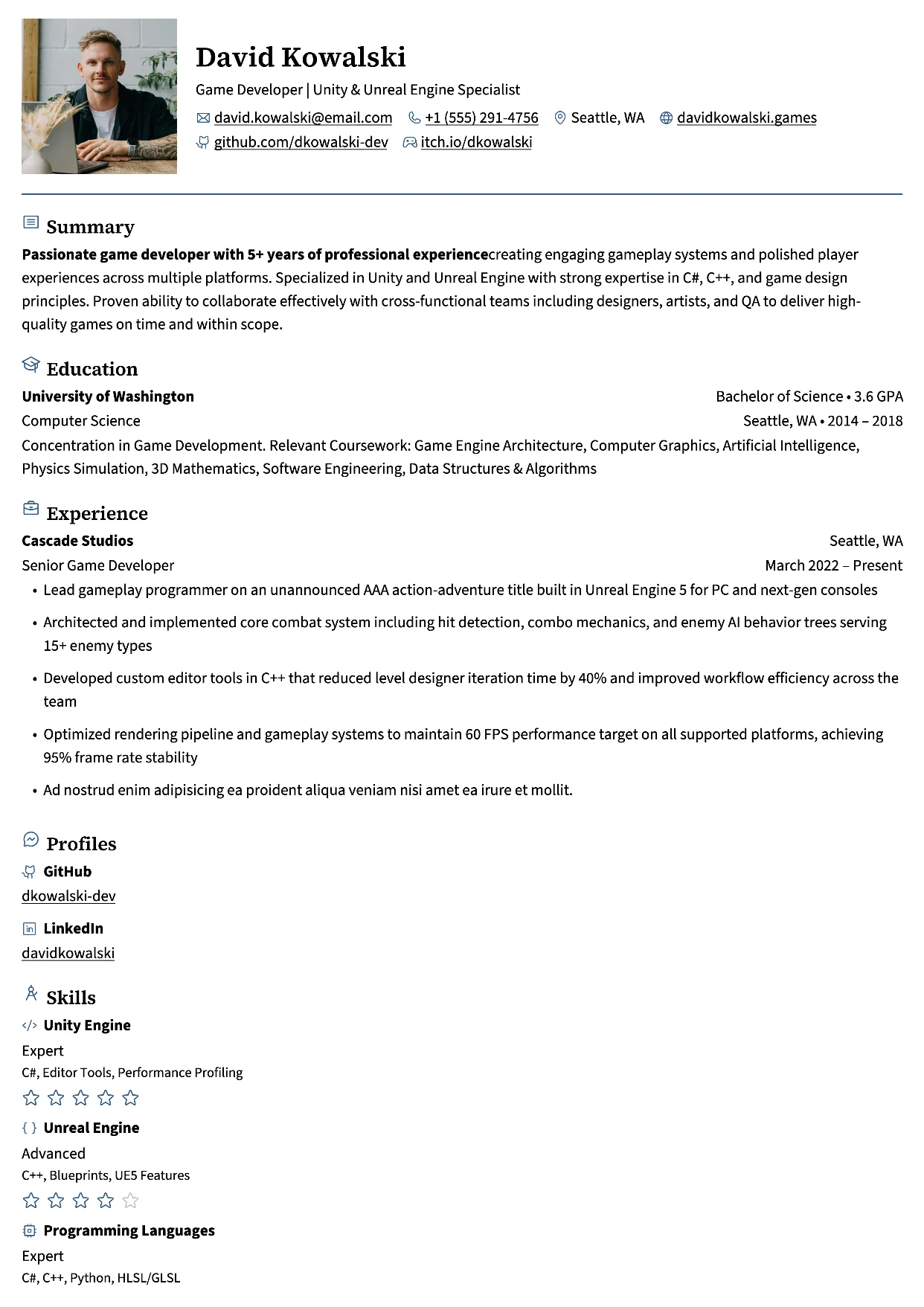 First page of a resume in the Onyx template: one column with the photo beside the header