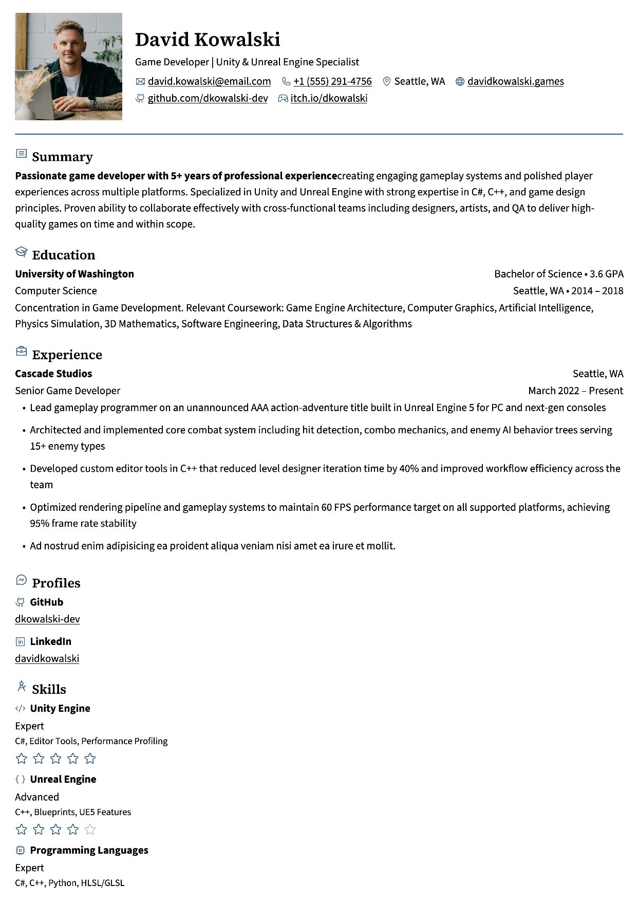 First page of a resume in the Onyx template: one column with the photo beside the header