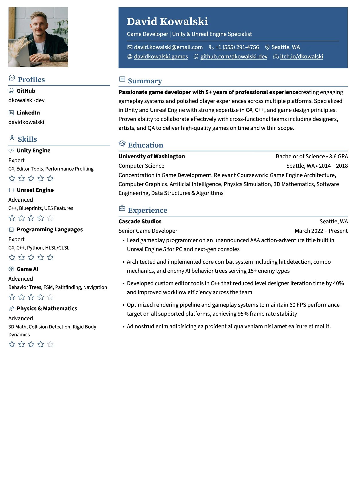 First page of a resume in the Pikachu template: colored header block over the main column, sidebar on the left