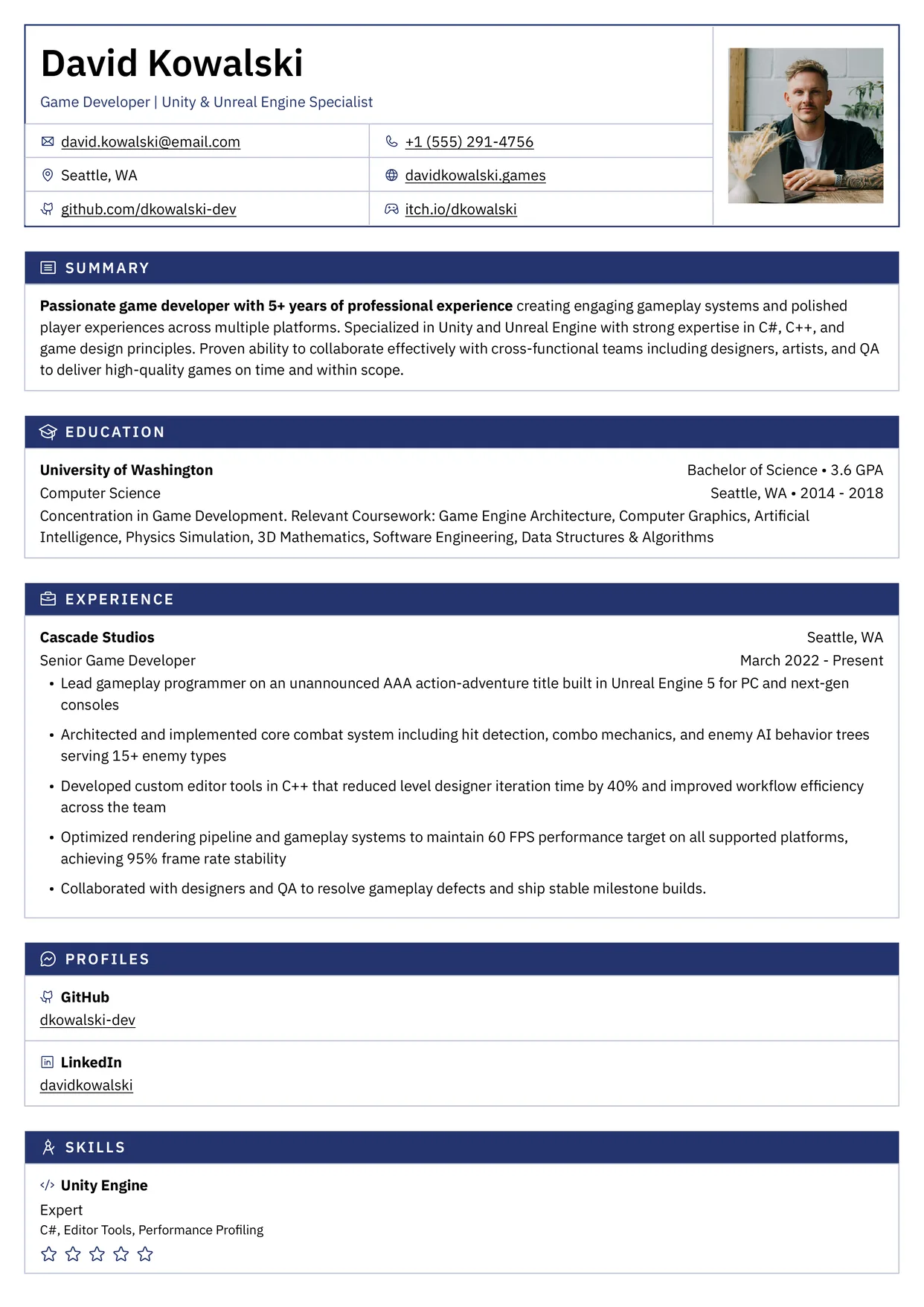 First page of a resume in the Porygon template: a bordered header of field cells and each section as a ruled table under a solid title bar